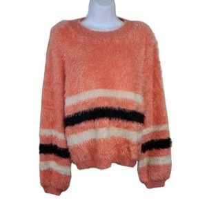 Woven Heart Sweater Small coral Fuzzy stripe Pullover Womens